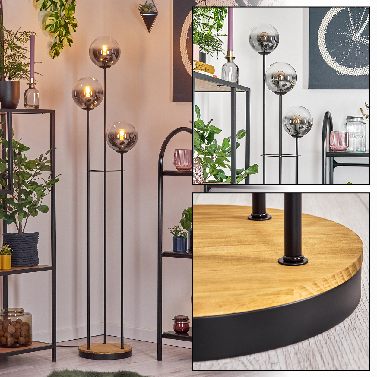 Moderne Stehlampe mit drei kugelförmigen Schirmen. Regale mit Pflanzen, Kerzen und Dekorationsartikeln. Heller Holzsockel.