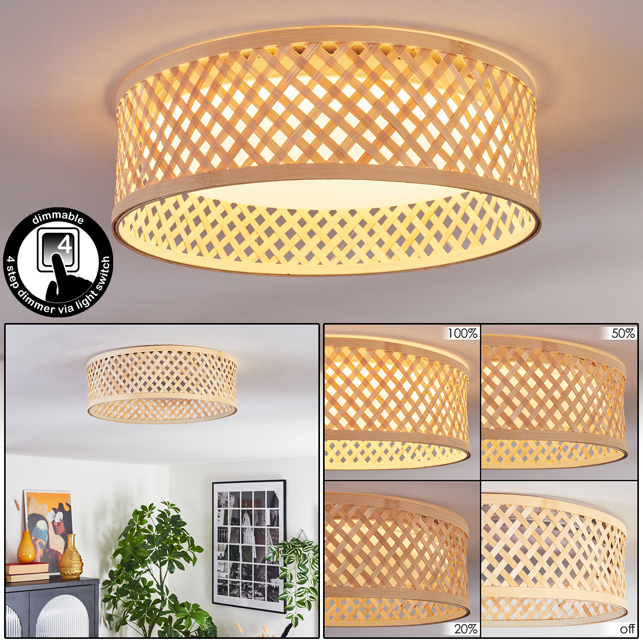 Eine Deckenlampe aus Bambus mit Dimmfunktion. Sie ist im ersten Bild beleuchtet, und verschiedene Dimmstufen werden gezeigt.