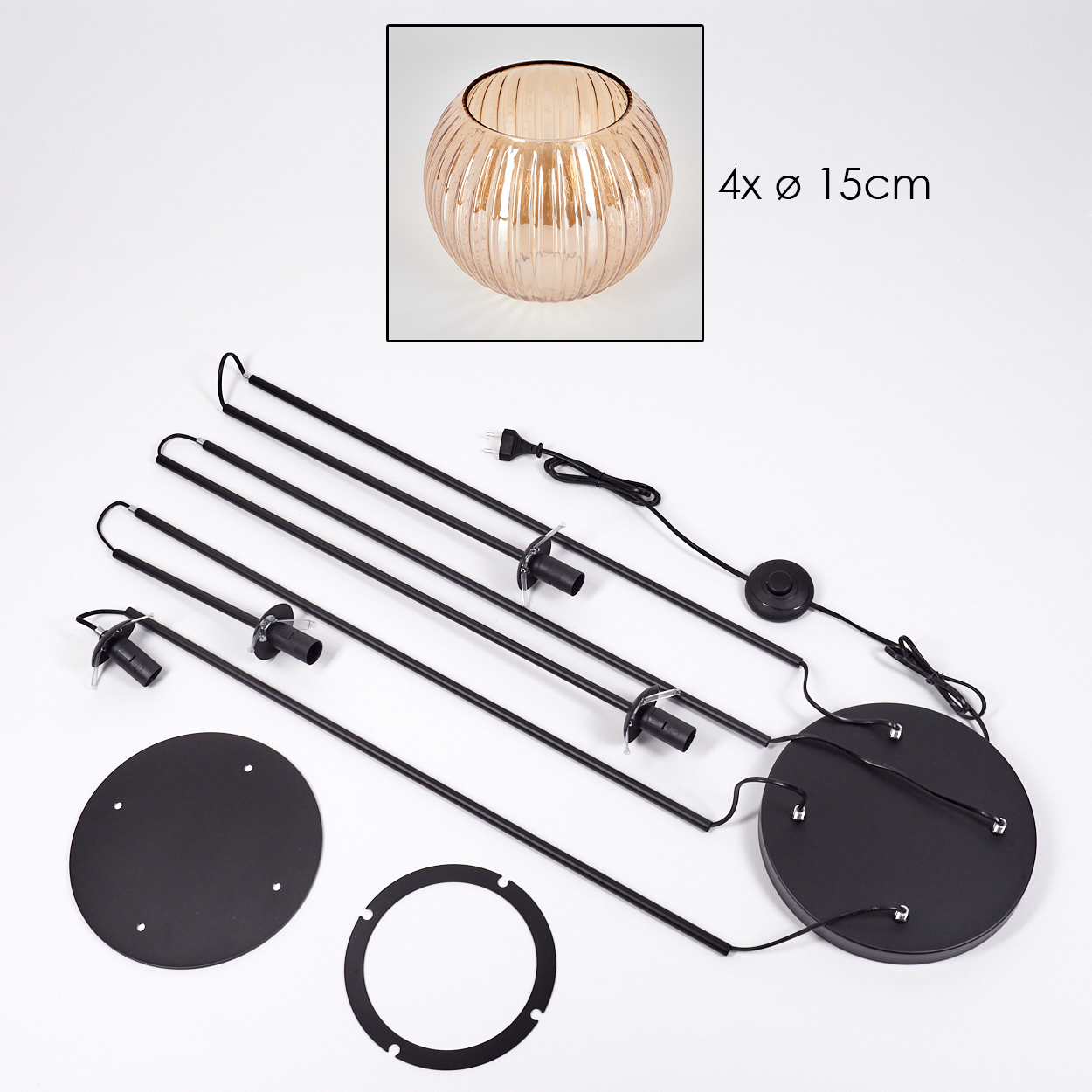 Zerlegte Lampenteile auf weißem Hintergrund. Enthält einen Glaslampenschirm, schwarze Metallstäbe, Sockel und Schalter.