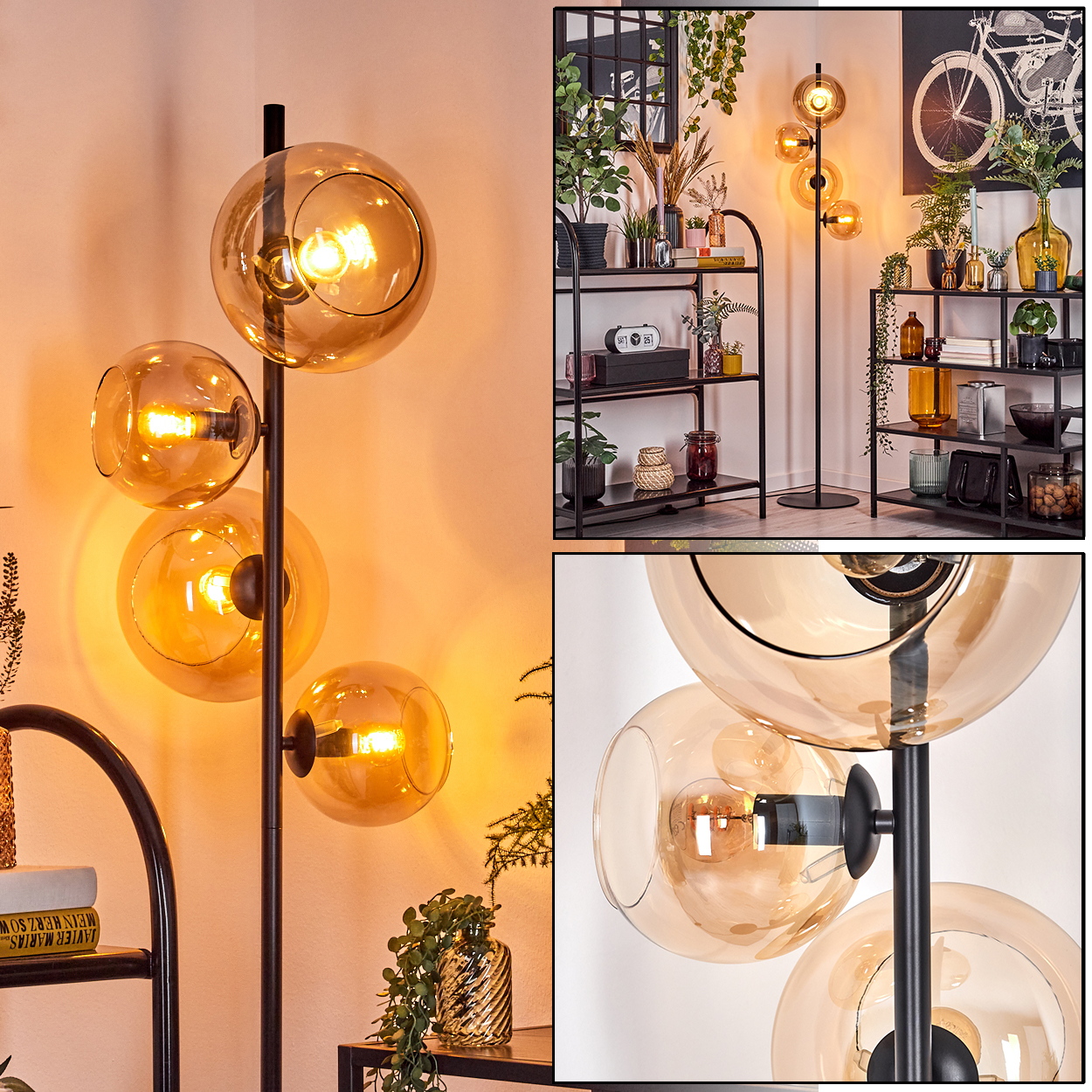 Eine moderne Stehlampe mit vier bernsteinfarbenen Glaskugeln. Der Hintergrund zeigt Regale mit Pflanzen und Dekorationsartikeln.