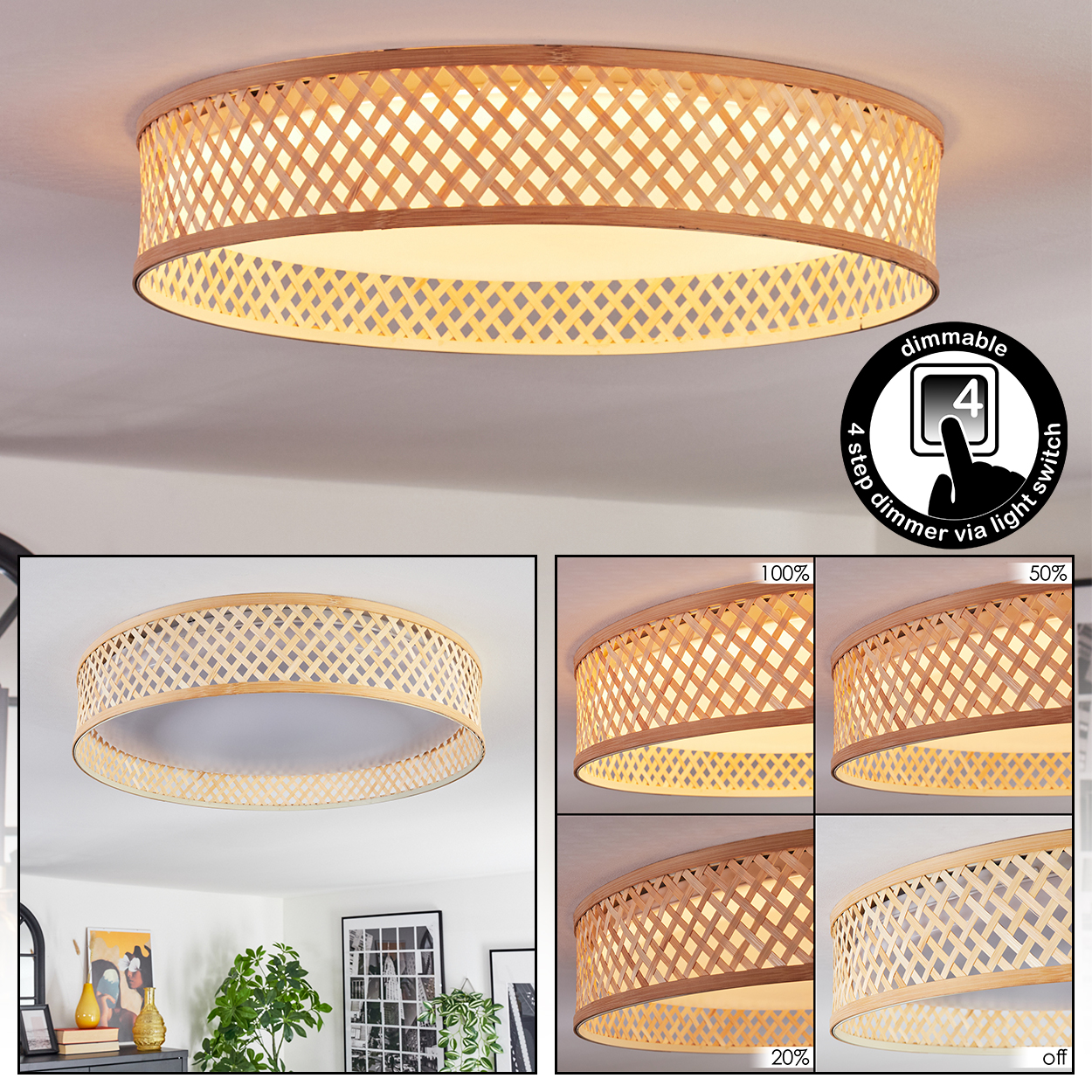 Eine runde Deckenlampe aus Bambus mit gewebtem Design. Verschiedene Dimmereinstellungen werden gezeigt.