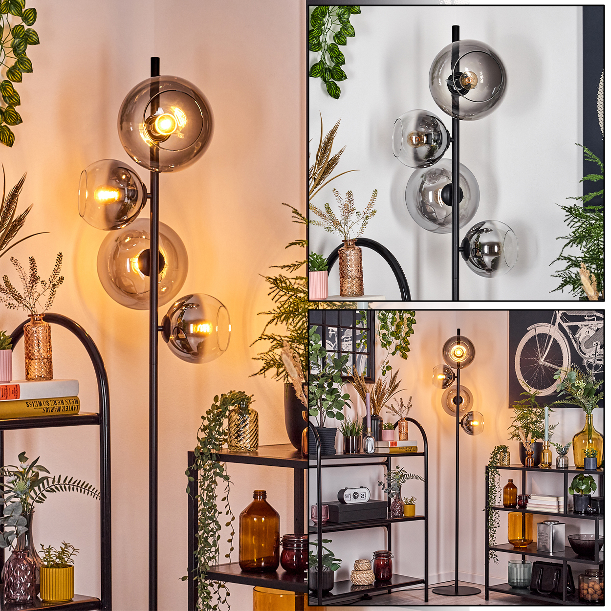Eine Stehlampe mit vier Glaskugelschirmen ist beleuchtet. Im Hintergrund befinden sich Regale mit Vasen und Dekoration sowie Pflanzen.