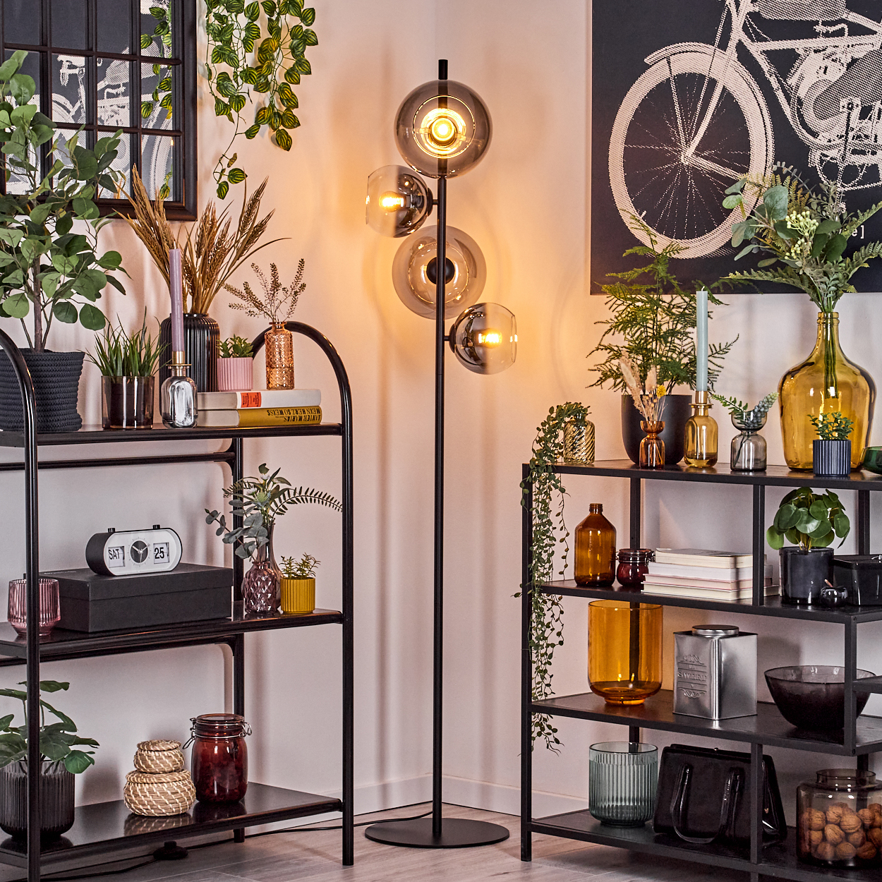 Ein Raum mit schwarzen Regalen, Pflanzen und einer Stehlampe mit Glaskugeln. Ein Kunstdruck eines Fahrrads an der Wand.