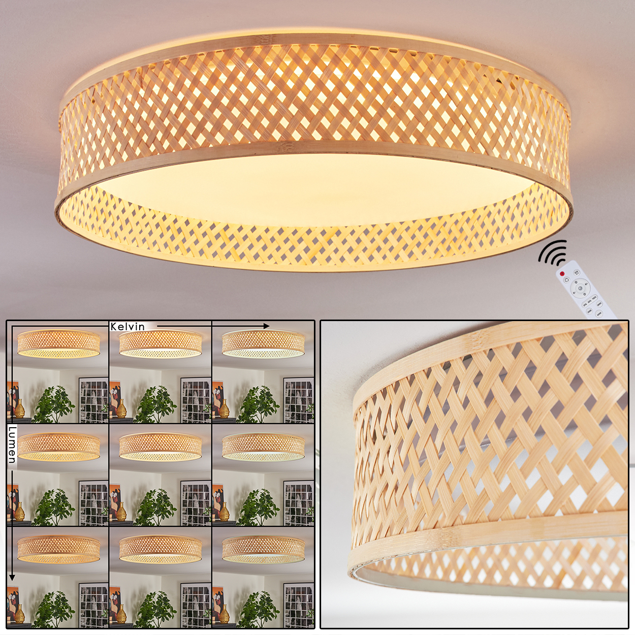 Eine runde Deckenlampe mit gewebtem Bambusschirm. Mehrere kleinere Bilder zeigen verschiedene Lichteinstellungen. Eine Fernbedienung ist in der Ecke.