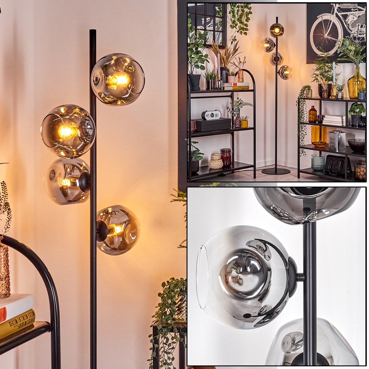 Eine moderne Stehlampe mit vier rauchfarbenen Glaskugeln. Der Hintergrund zeigt Regale mit Dekorationen, Pflanzen und einem Fahrradkunstwerk.