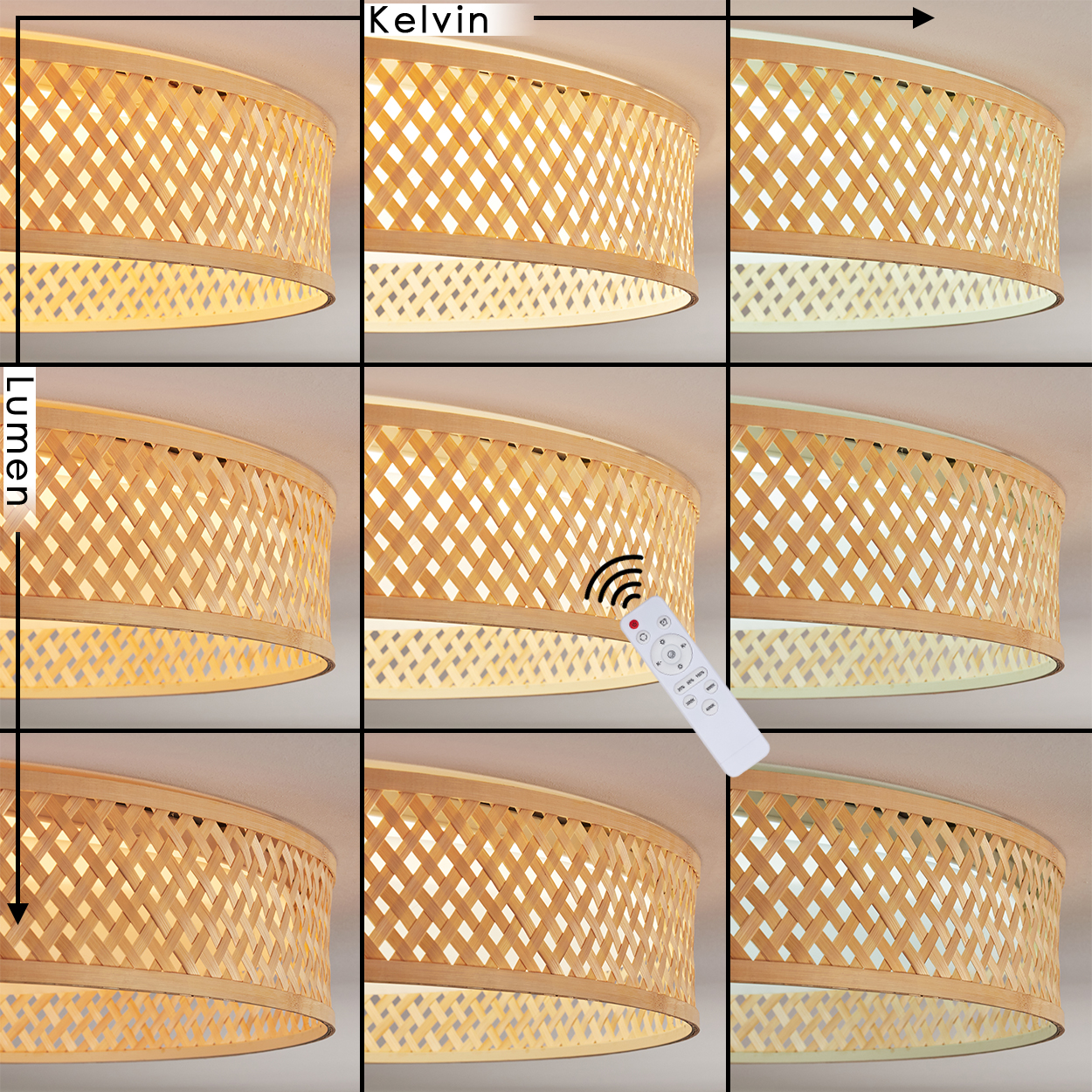 Ein gewebter Lampenschirm mit variierender Lichtintensität, gesteuert über eine Fernbedienung. Helligkeit und Farbtemperatur ändern sich.