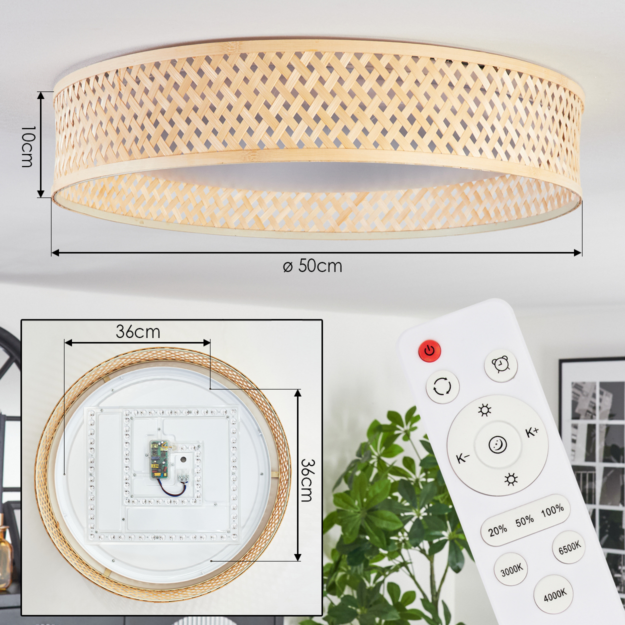 Eine runde Deckenlampe mit einem Schirm aus geflochtenem Bambus. Rechts eine Fernbedienung, eine Pflanze ist sichtbar.