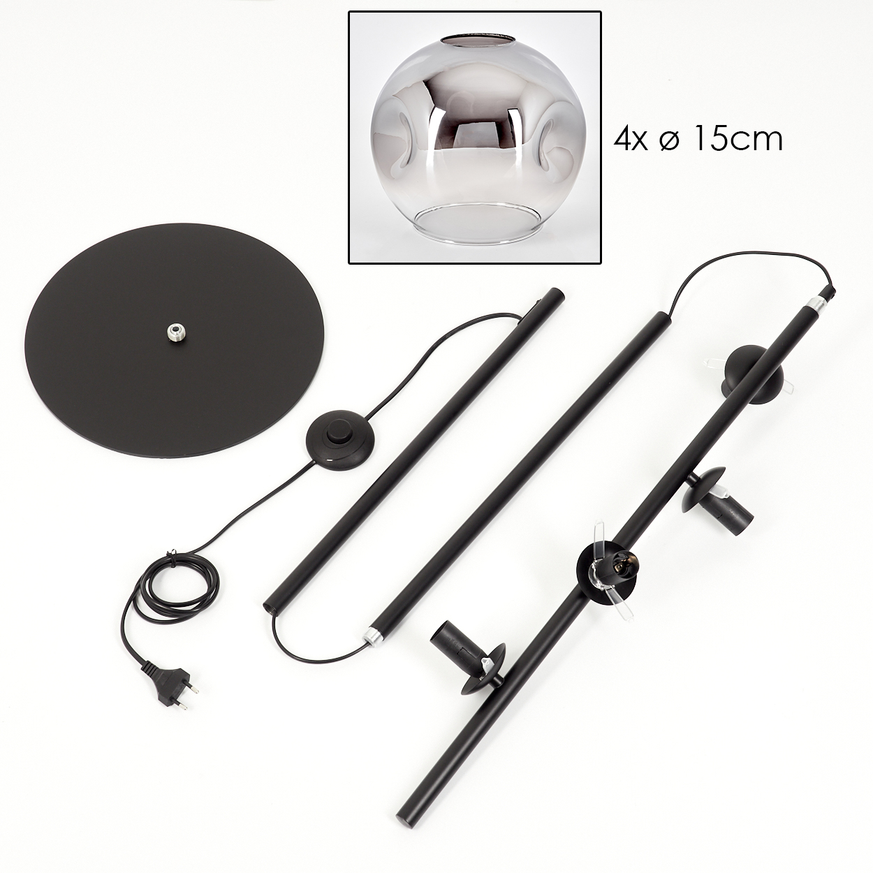 Zerlegte schwarze Lampenteile auf weißem Hintergrund. Enthält Sockel, Stangen, Lampenfassungen und eine Glaskugel. Kabel und Stecker sind sichtbar.