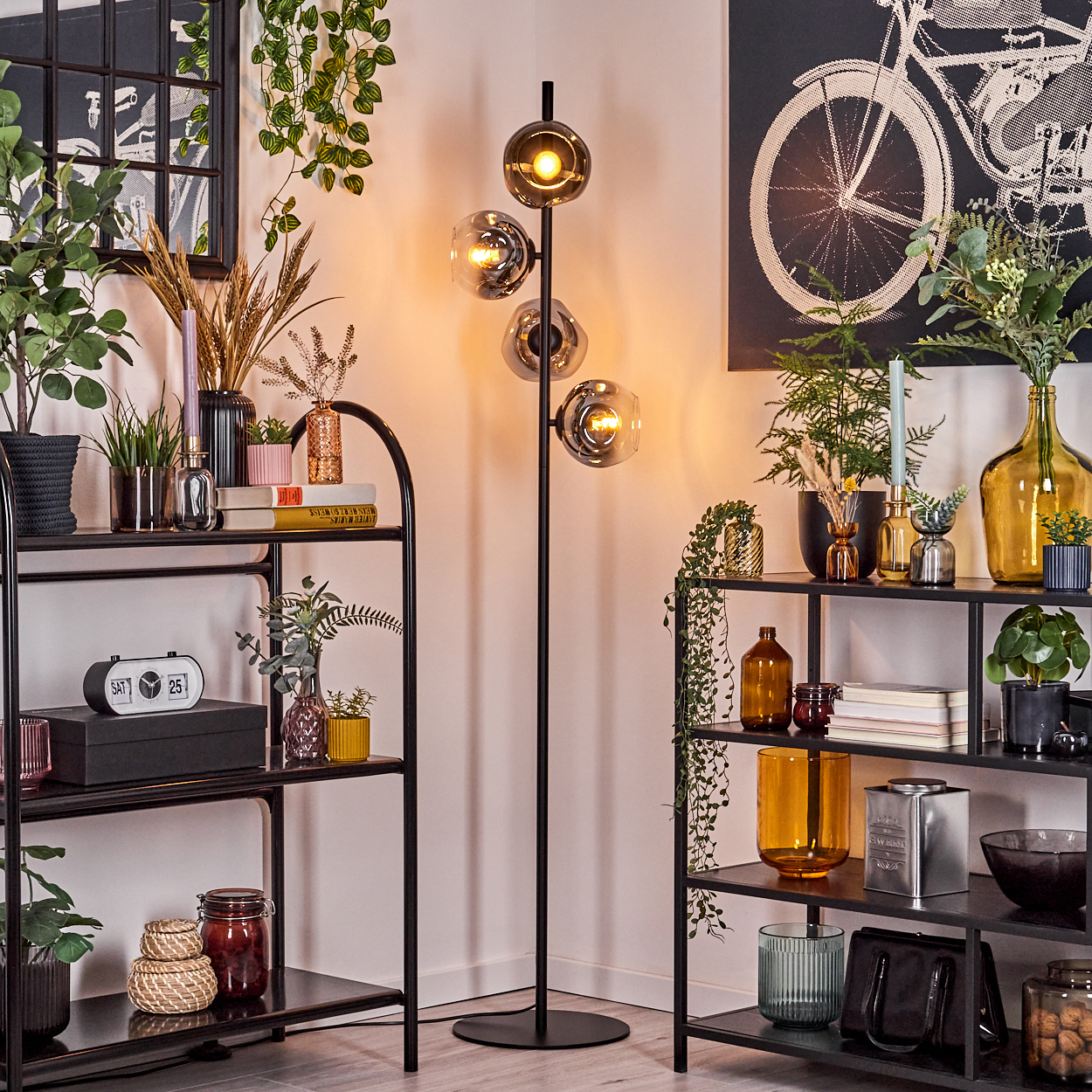 Ein Raum mit schwarzen Regalen, Pflanzen und einer Stehlampe mit Glaskugeln. An der Wand hängt ein Fahrradkunstwerk.