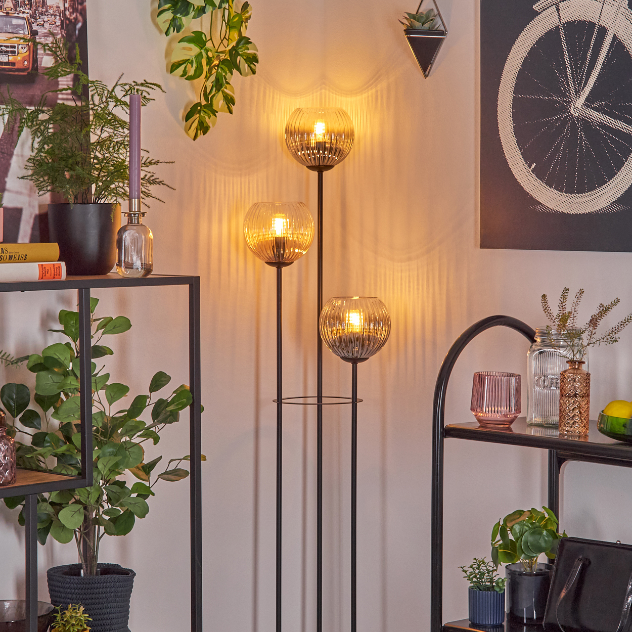 Ein Raum mit einer Stehlampe mit drei kugelförmigen Lampen. Regale mit Pflanzen und Dekorationen sind sichtbar.
