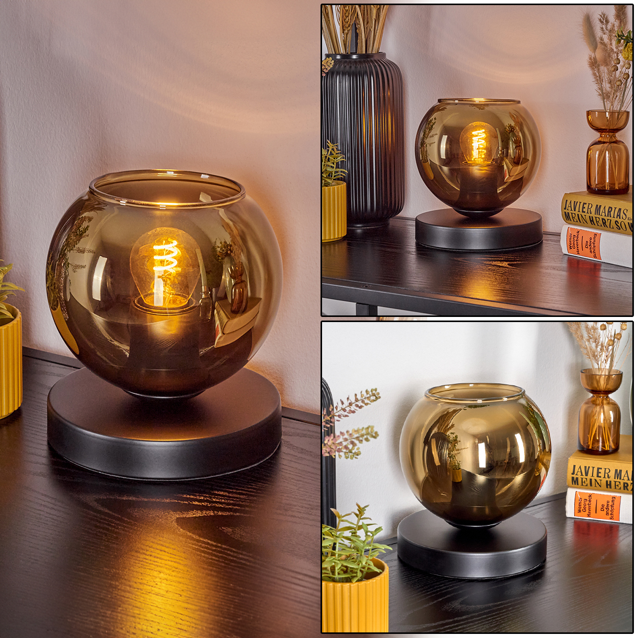 Eine goldene Kugellampe auf schwarzem Sockel. Bücher und Vasen stehen auf einem schwarzen Tisch. Pflanzen stehen in gelben Töpfen.