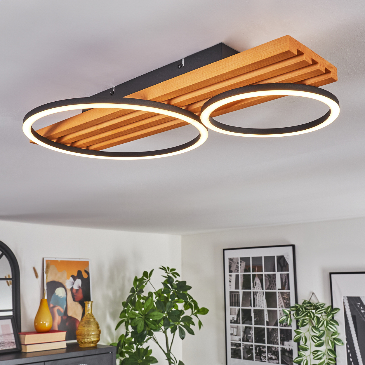 Deckenleuchte mit zwei Ringlichtern. Holzakzente sind sichtbar. Kunstwerke und Pflanzen befinden sich im Raum.
