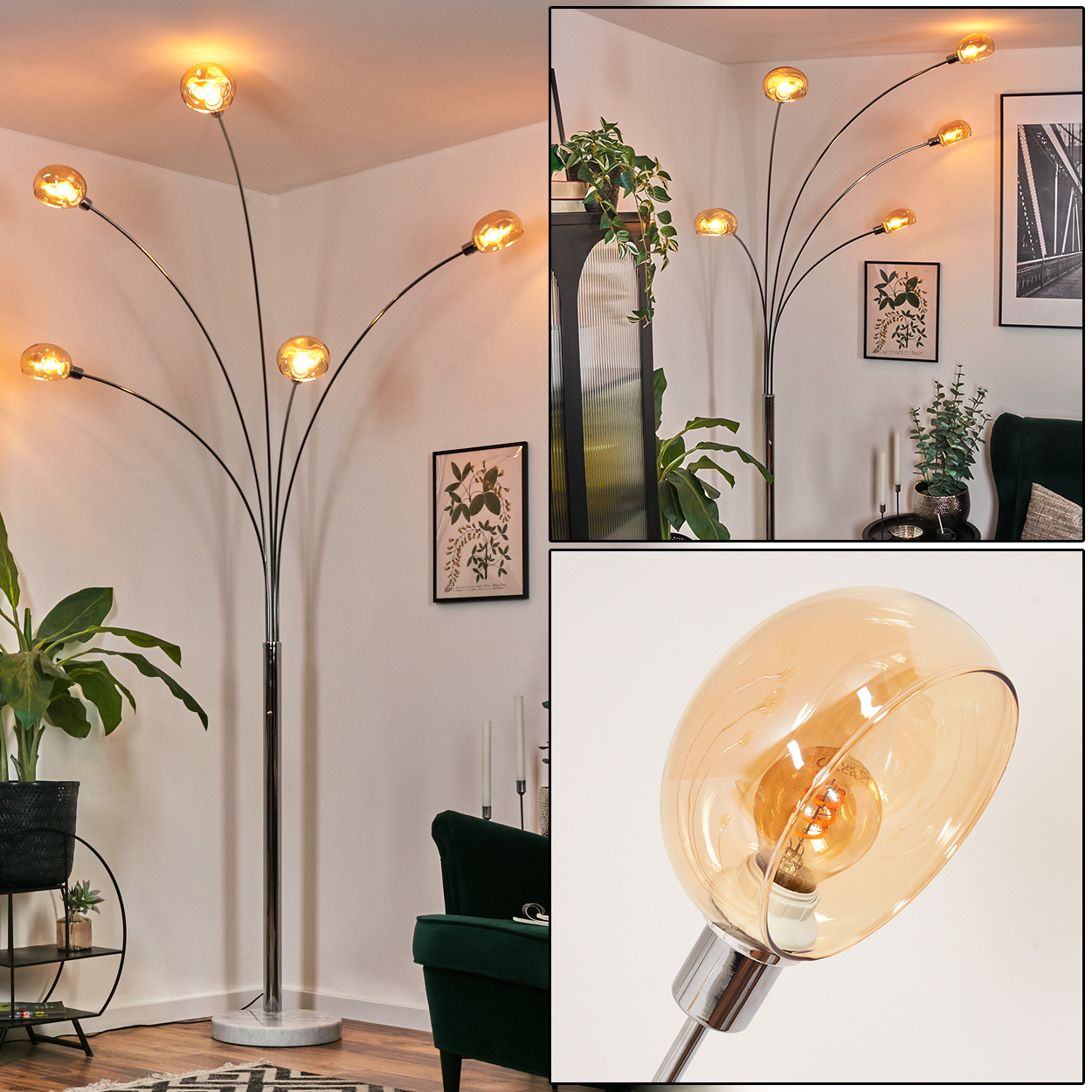 Moderne Stehlampe mit mehreren bernsteinfarbenen Glaskugeln. Die Lampe steht in einem Raum mit Pflanzen, einem grünen Sessel und gerahmter Kunst.