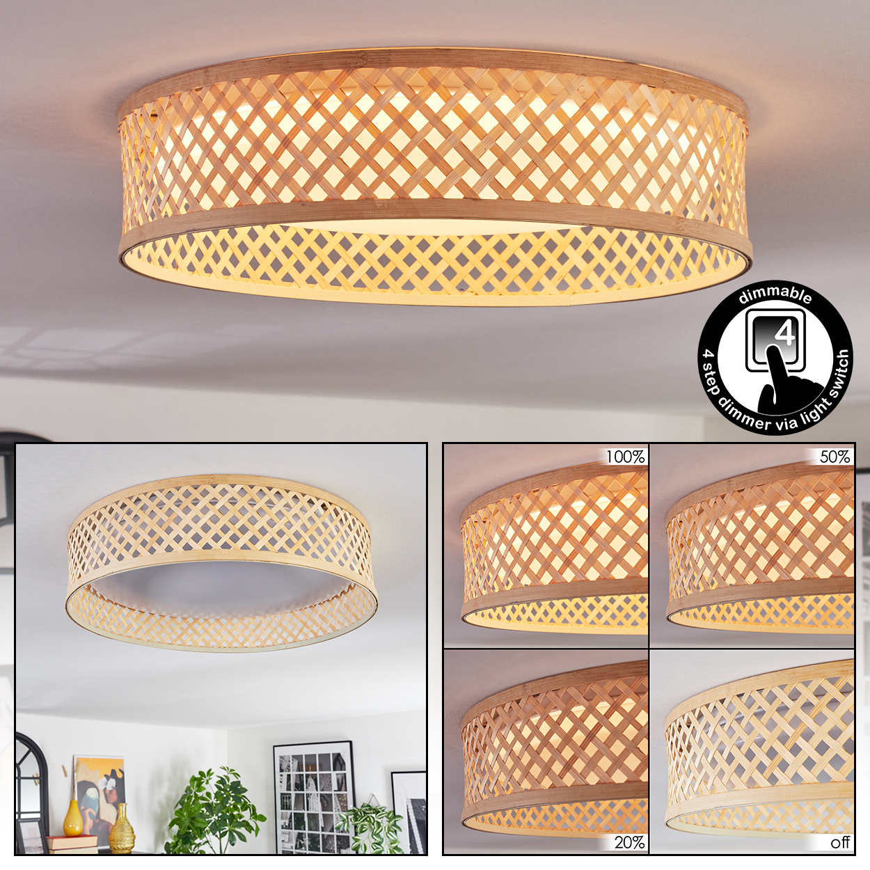 Eine runde Deckenlampe aus gewebtem Bambus. Das Bild zeigt die Lampe in verschiedenen Lichteinstellungen, von hell bis ausgeschaltet.