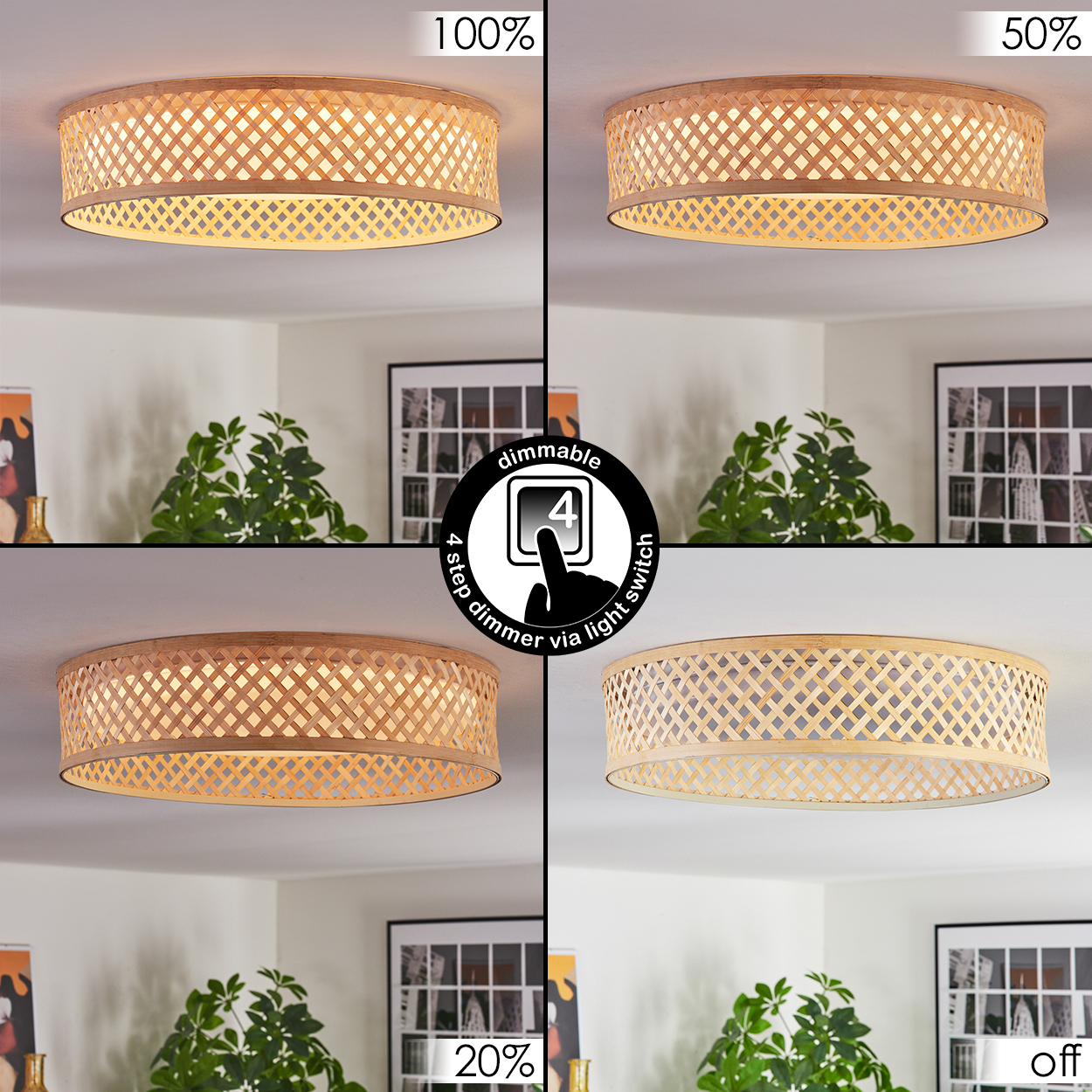 Vier Bilder einer Deckenlampe aus Bambus mit unterschiedlichen Helligkeitsstufen: 100 %, 50 %, 20 % und aus. Ein Dimmschalter ist abgebildet.