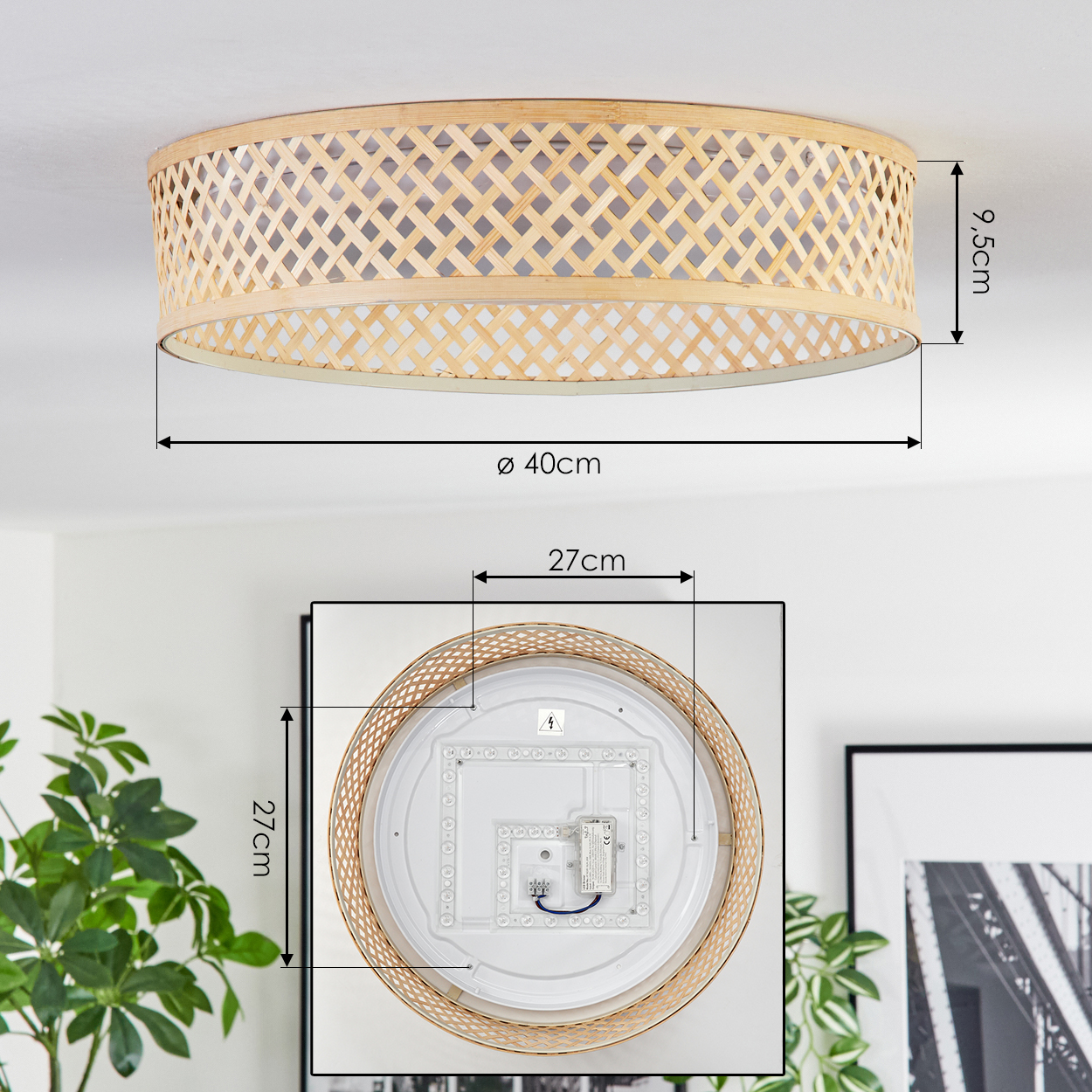 Eine runde Deckenlampe mit gewebtem Bambusschirm. Abmessungen: 40cm Durchmesser, 9,5cm Höhe. Unten sind die elektrischen Komponenten zu sehen.