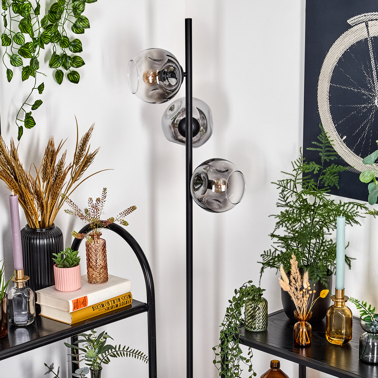 Moderne Wohnecke. Schwarze Stehlampe mit Glaskugeln. Pflanzen und Deko auf Regalen.