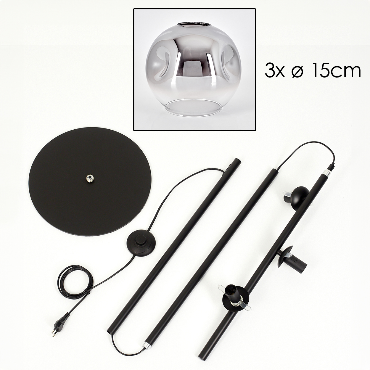 Zerlegte schwarze Stehlampe mit kugelförmigem Glasschirm. Teile umfassen Basis, Stangenabschnitte, Schalter und Netzkabel.