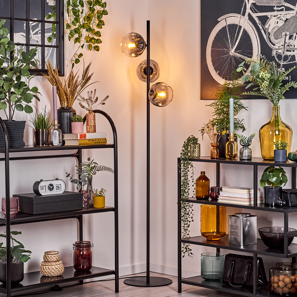 Ein Zimmer mit Regalen, Pflanzen und einer Stehlampe mit drei leuchtenden Kugeln. An der Wand befindet sich ein Fahrradkunstwerk.