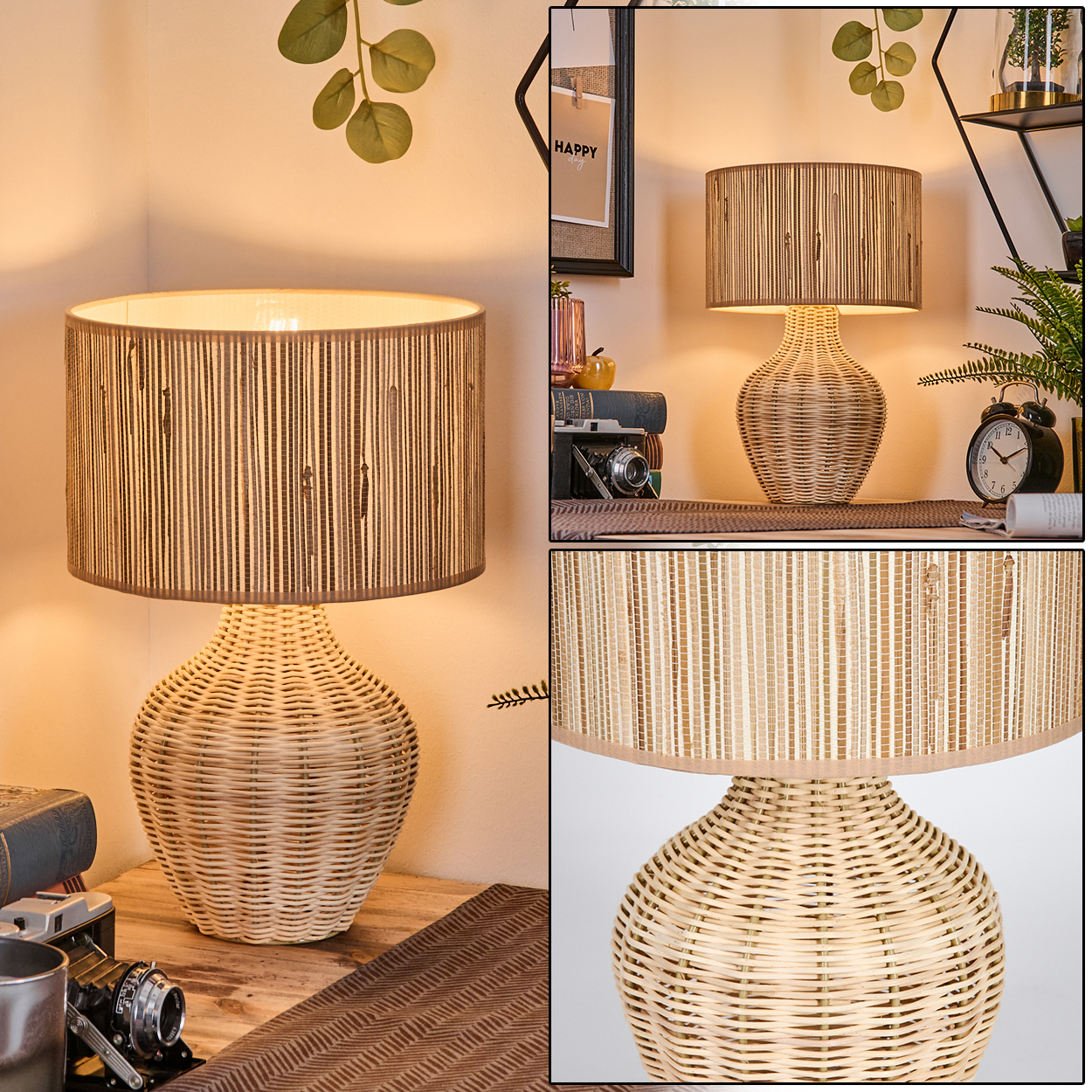Eine gewebte Lampe mit zylindrischem Schirm steht auf einer Holzoberfläche. Eine Kamera und Bücher sind im Vordergrund, Pflanzen im Hintergrund.