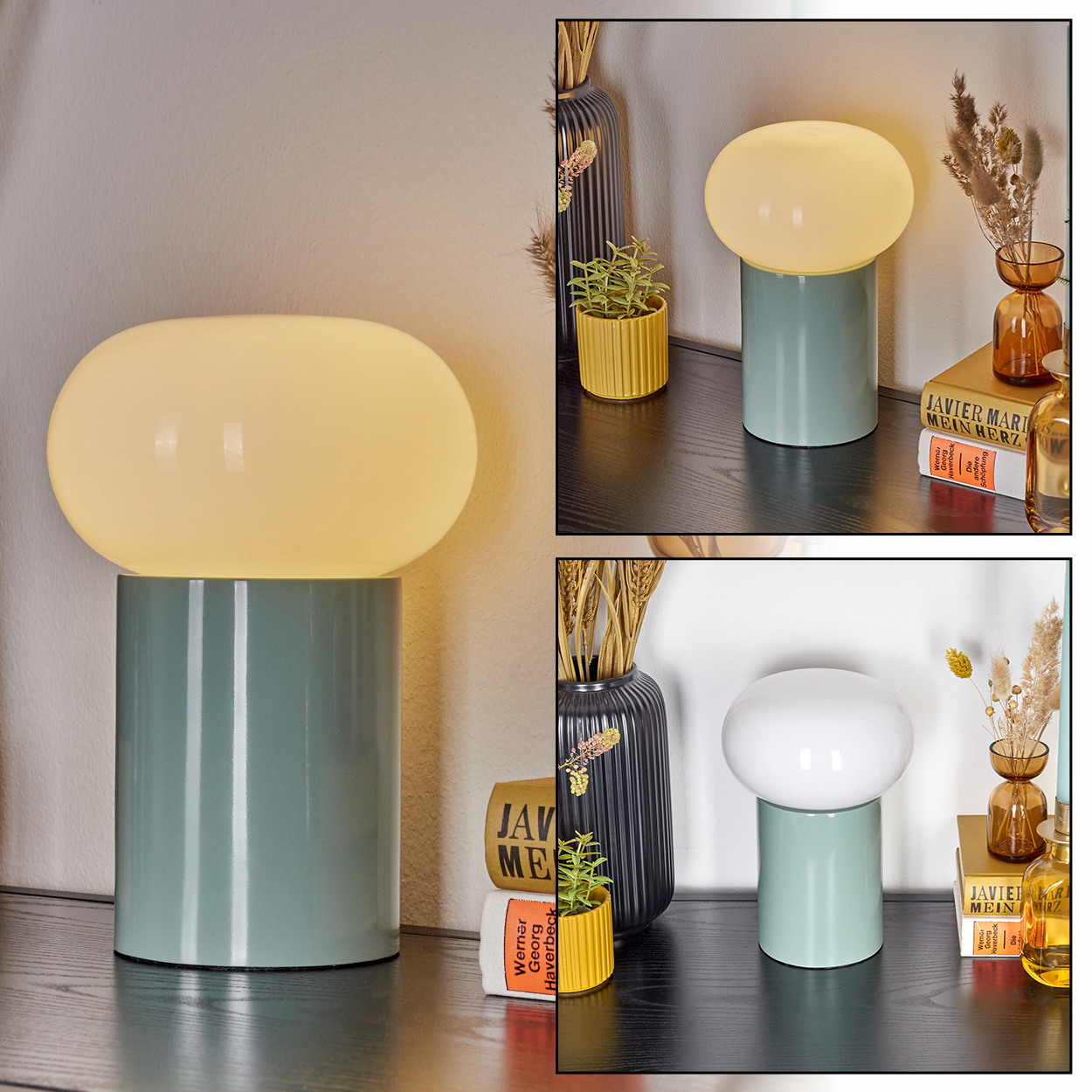 Eine moderne Lampe mit blauem Sockel und weiß/gelblichem Oberteil, platziert auf einer schwarzen Oberfläche mit Dekoration.