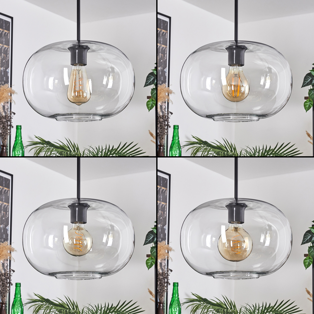Eine transparente Glaskugel-Pendelleuchte mit sichtbarer Glühbirne hängt von der Decke. Grüne Flaschen und Pflanzen im Hintergrund.
