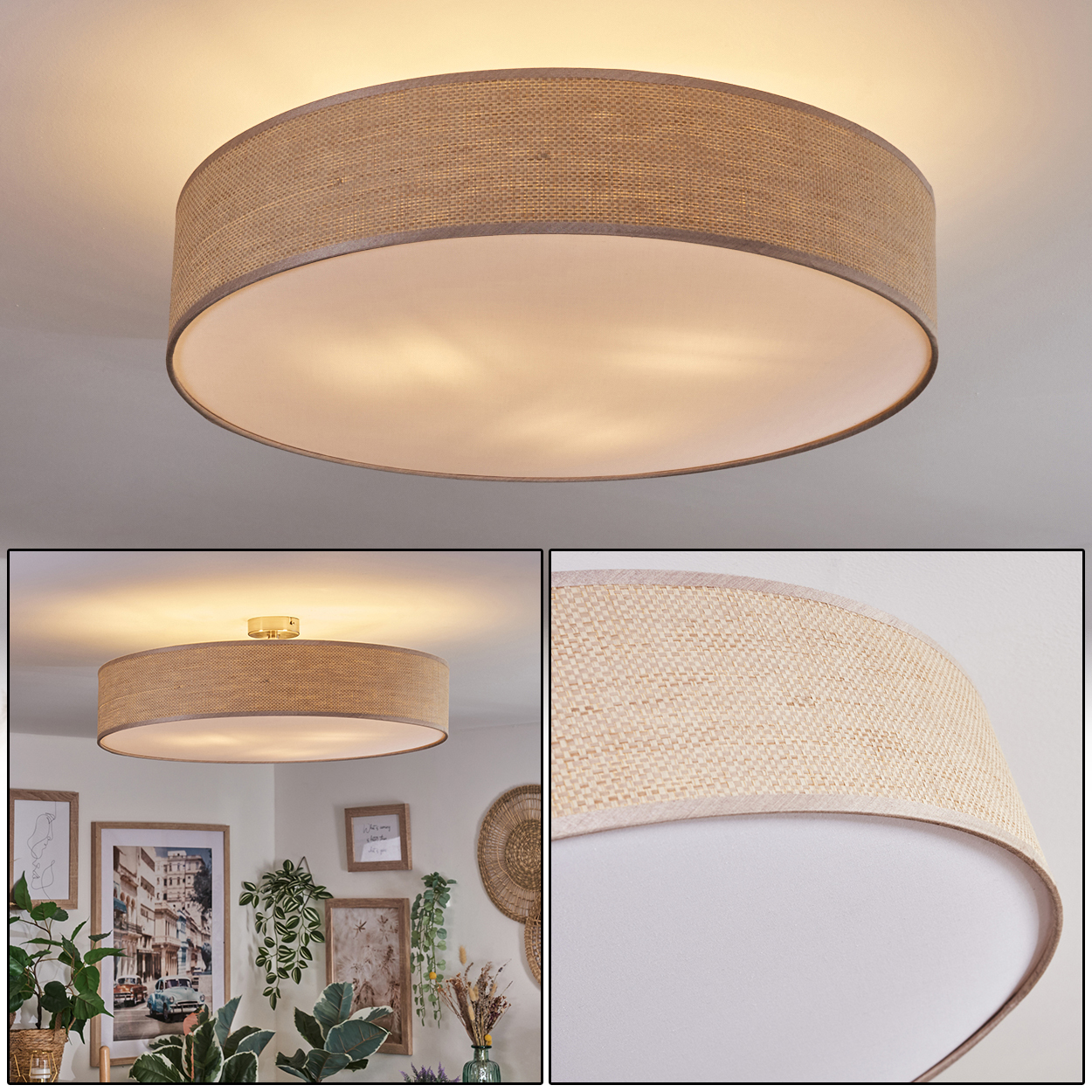 Eine runde Deckenlampe mit beigem Stoffschirm. Die Lampe hat eine weiße Innenfläche. Der Hintergrund ist eine weiße Decke.