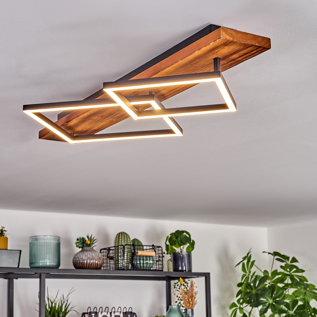 Eine moderne Deckenleuchte mit geometrischen Formen und Holzsockel. Darunter ein Regal mit Pflanzen und Dekorationen.