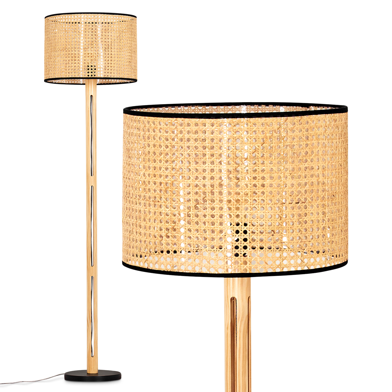 Eine Stehlampe aus gewebtem Rattan mit schwarzem Sockel und Zierleisten. Die Lampe steht auf weißem Hintergrund. Nahaufnahme der Lampe.