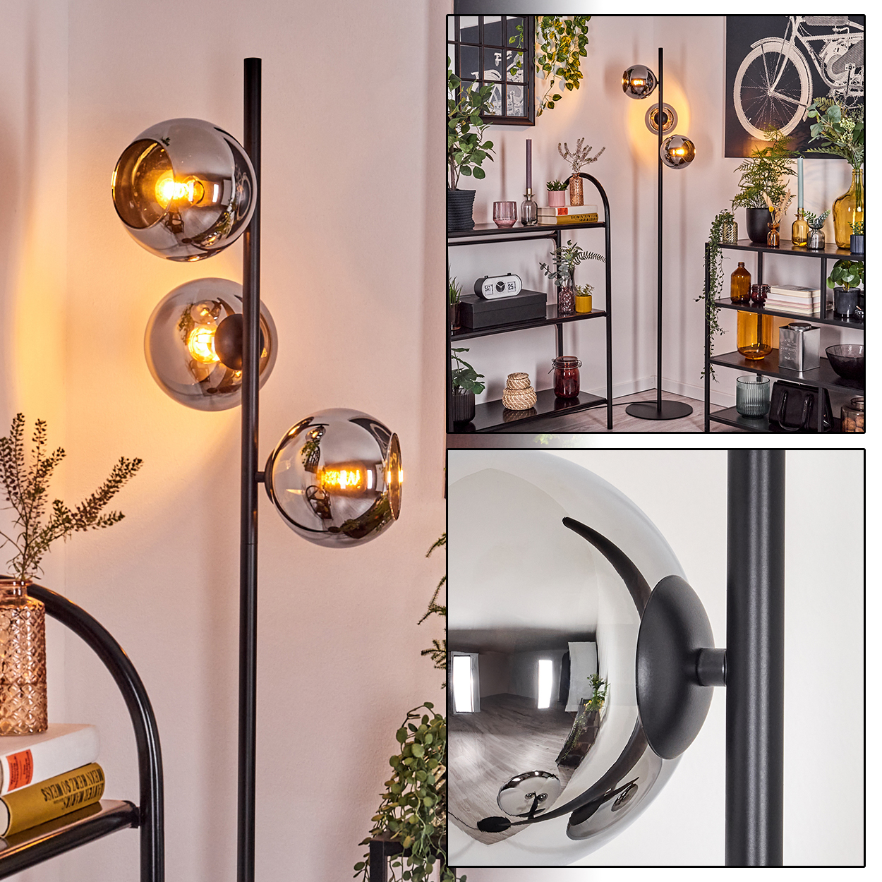 Eine moderne Stehlampe mit drei Glaskugelschirmen. Der Raum hat Regale mit Pflanzen und Dekorationsartikeln.