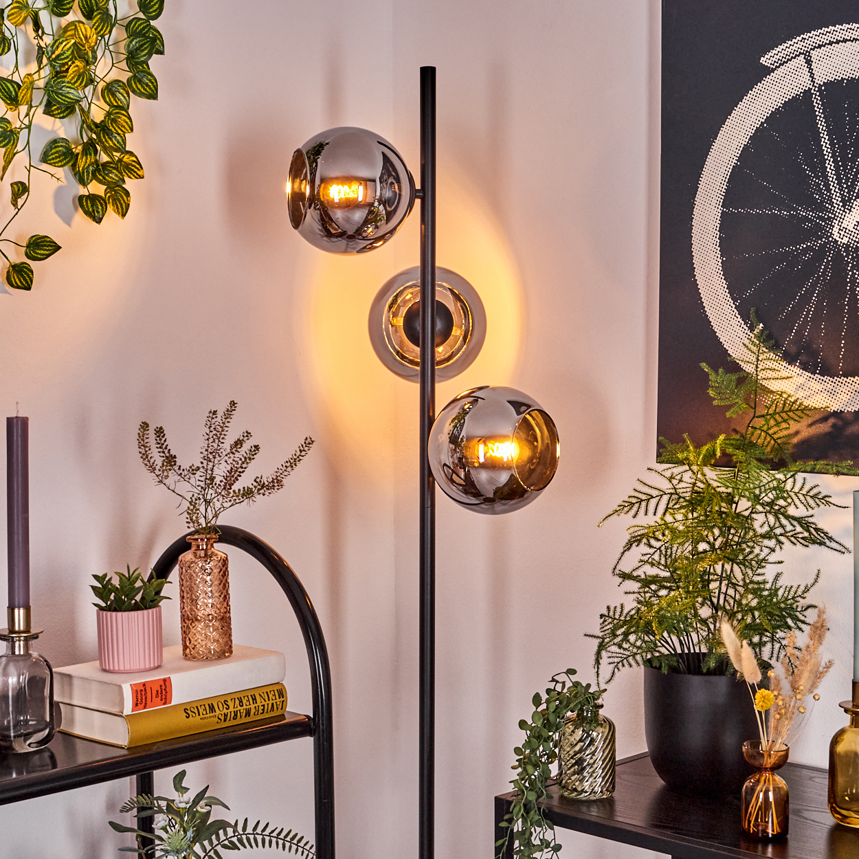 Eine moderne Stehlampe mit drei Glaskugeln. Regale mit Pflanzen, Büchern und Kerzen. Ein Bild eines Fahrradrads hängt an der Wand.
