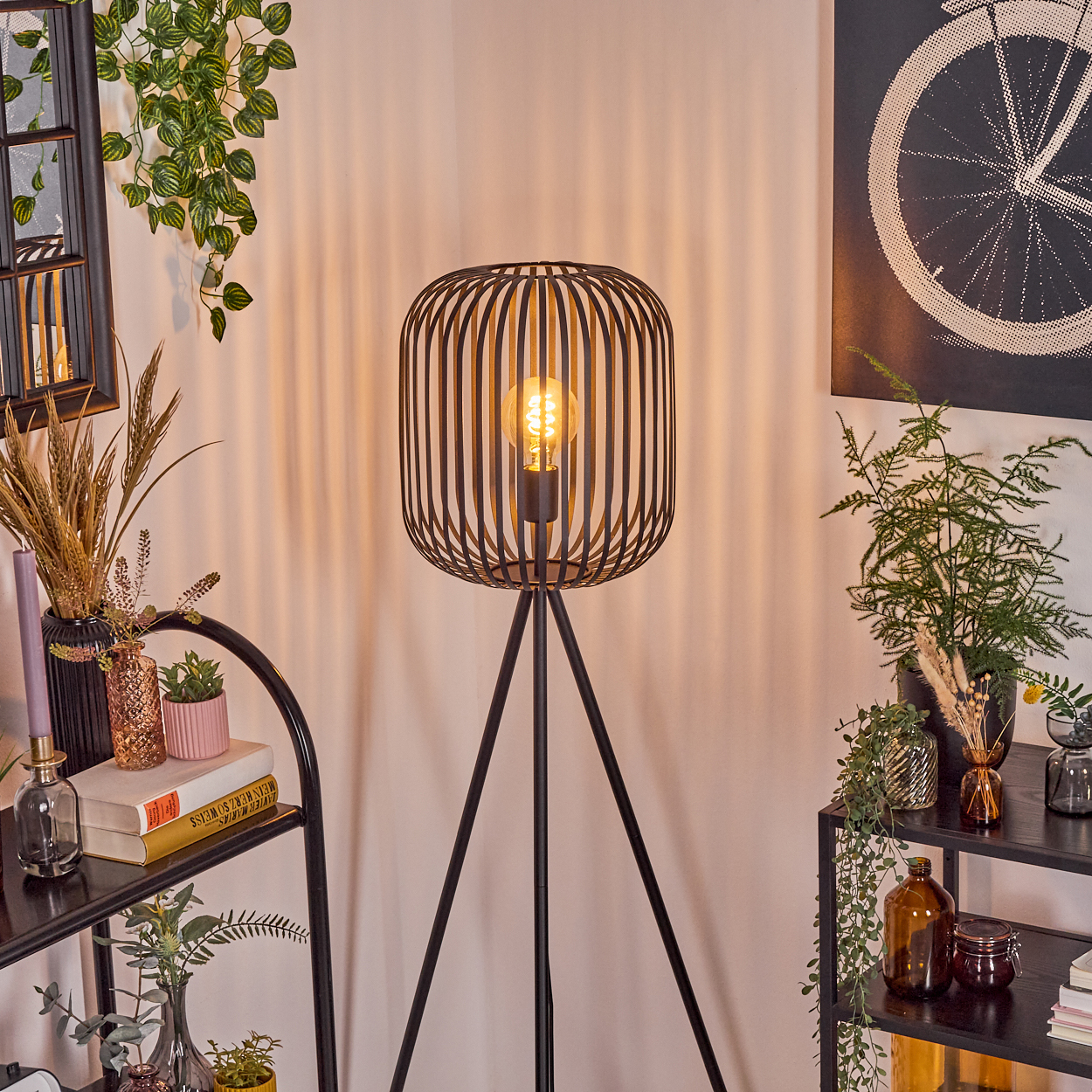 Eine moderne schwarze Stehlampe mit freiliegender Glühbirne. Regale mit Vasen und Büchern im Vordergrund, Pflanzen und ein Fahrradkunstwerk im Hintergrund.