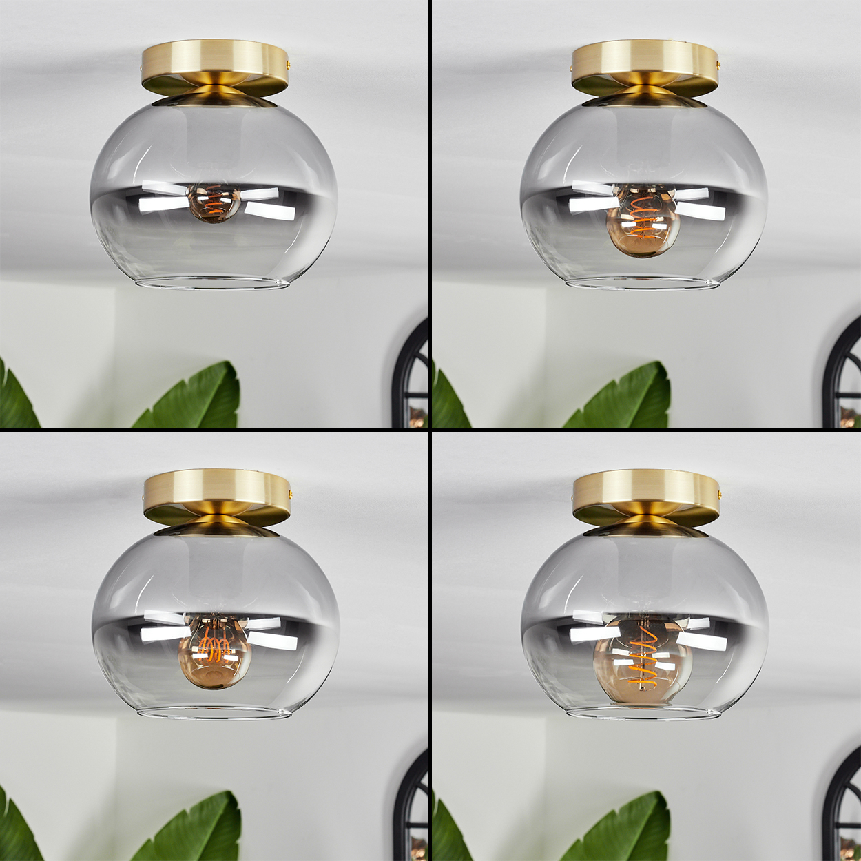 Vier identische Deckenleuchten. Jede hat einen goldenen Sockel, einen klaren Glaskolben und eine sichtbare Glühbirne. Grüne Blätter im Hintergrund.