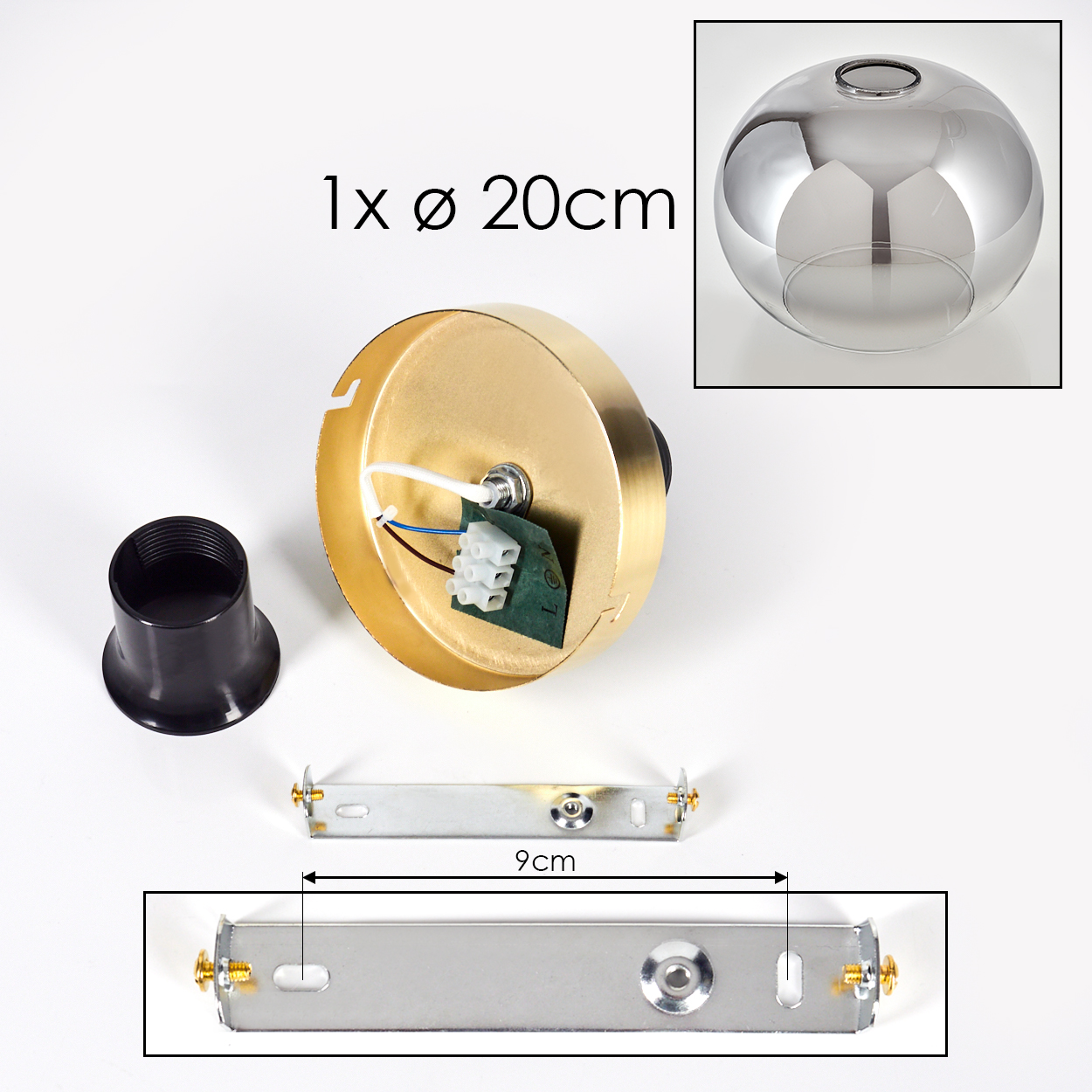 Zerlegte Lampenteile: goldene Deckenhalterung, schwarze Fassung, Glasschirm, Metallbügel und Drähte. Größenmarkierungen sichtbar.