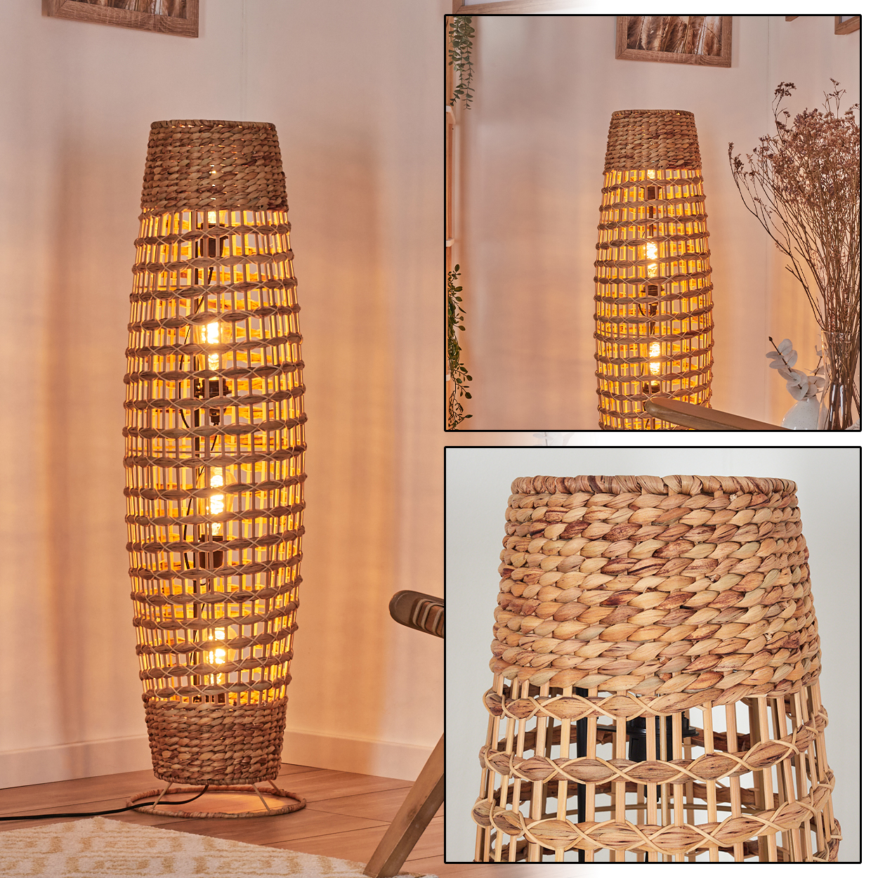 Eine gewebte, zylindrische Stehlampe mit warmem Schein. Die Lampe besteht aus Naturfasern und wirft komplizierte Schatten. Hintergrund ist eine Wand.