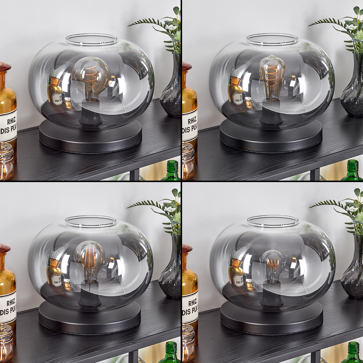 Eine dekorative Lampe mit einer Glühbirne in einer Glaskugel, platziert auf einem schwarzen Regal mit Vasen und Flaschen.