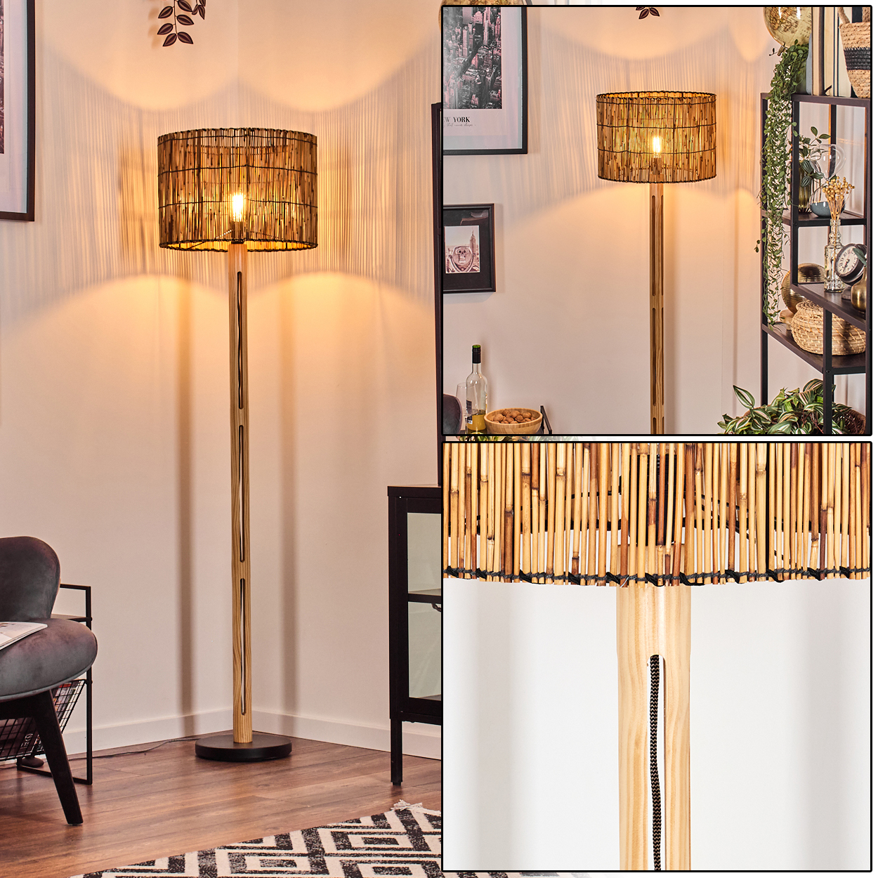 Eine Stehlampe mit Bambusschirm und Holzständer leuchtet. Der Raum hat einen Teppich, Stuhl, Bilder und Regale.
