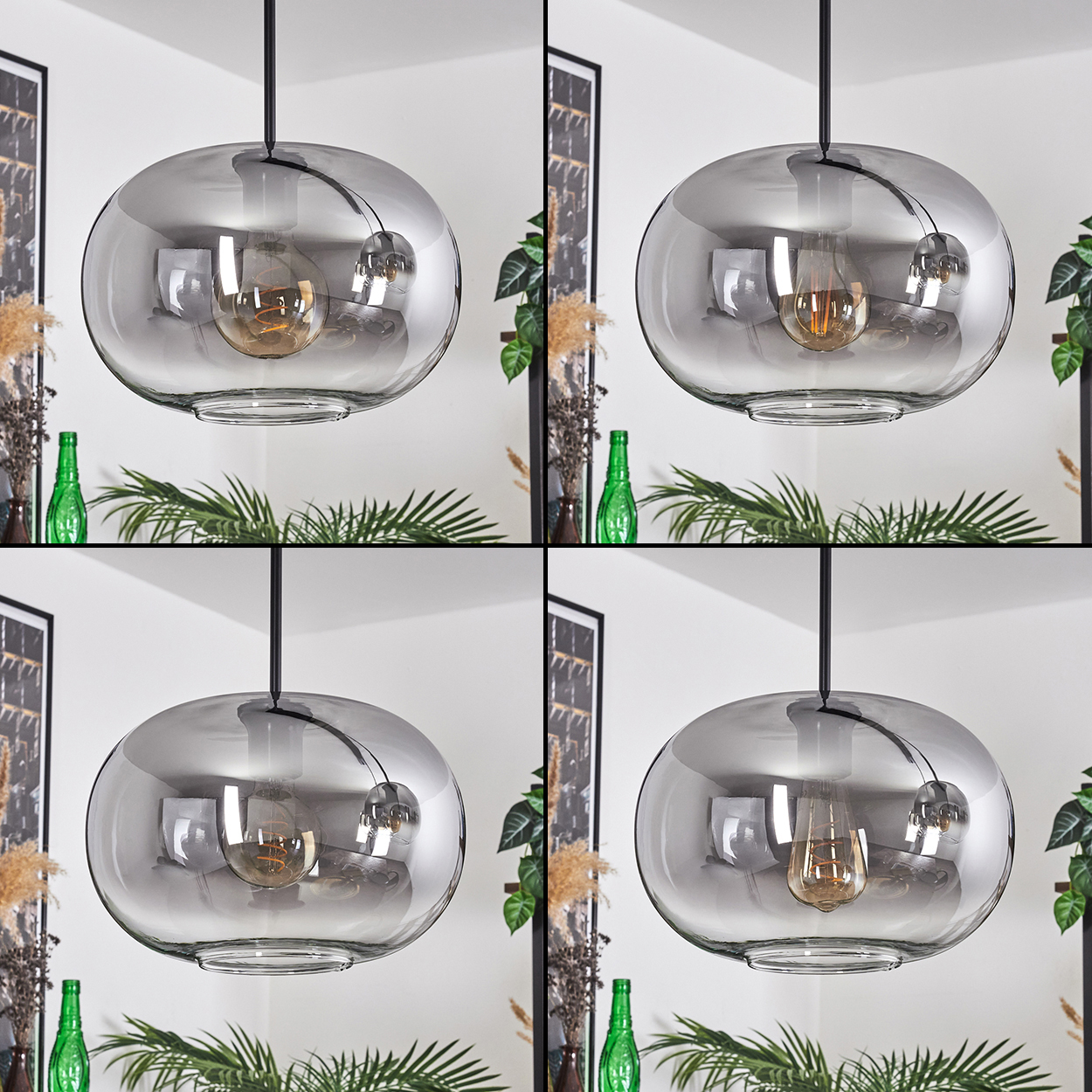 Eine graue Glas-Pendelleuchte mit leuchtender Glühbirne hängt. Grüne Flaschen und Pflanzen im Hintergrund.