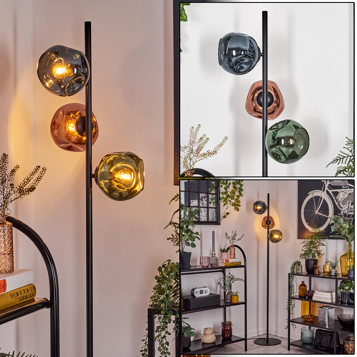 Eine moderne Stehlampe mit drei kugelförmigen Schirmen in verschiedenen Farben steht in einem Raum mit Regalen und Pflanzen.
