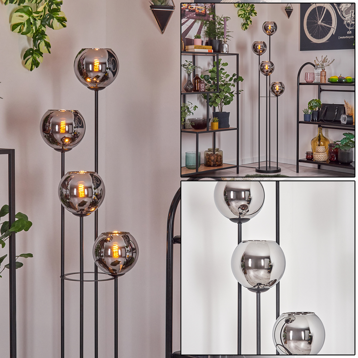 Eine moderne Stehlampe mit vier kugelförmigen, verspiegelten Glasschirmen in einem Raum mit Regalen und Pflanzen.