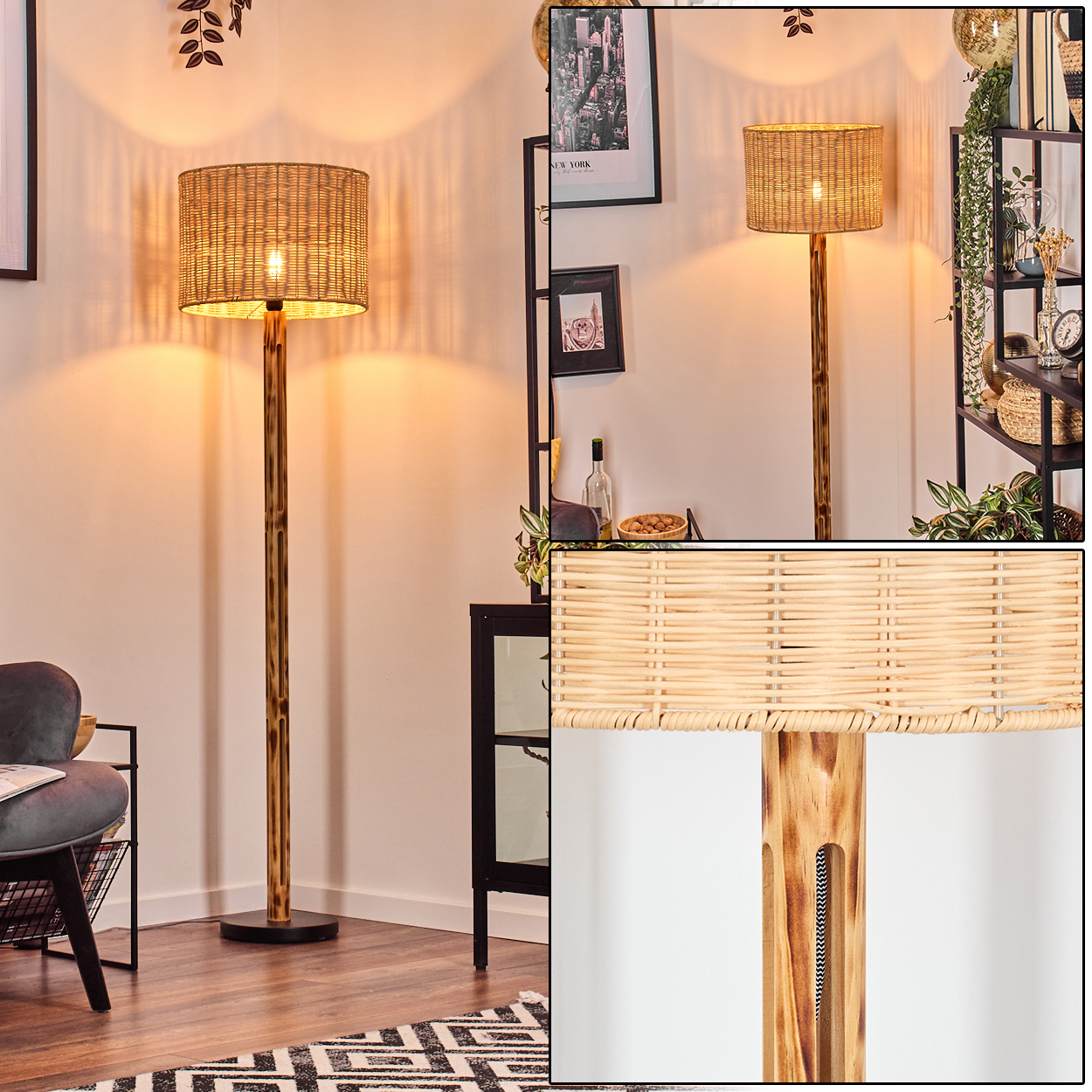 Eine Stehlampe mit gewebtem Lampenschirm steht hoch. Es befindet sich in einem Raum mit anderen Möbeln und Dekorationen, darunter ein schwarzes Regal.