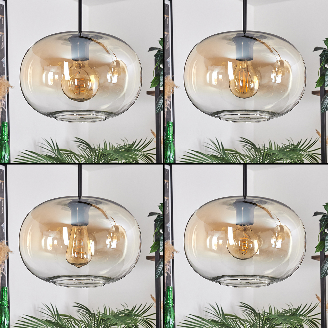 Vier kugelförmige Pendelleuchten, jede mit einer goldenen Glühbirne in einem Glaskolben, vor einer weißen Wand mit Pflanzen.
