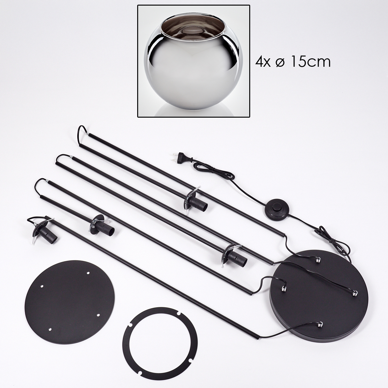 Eine zerlegte Lampe mit silbernem, kugelförmigem Oberteil. Enthält schwarze Stangen, eine kreisförmige Basis und andere Komponenten.