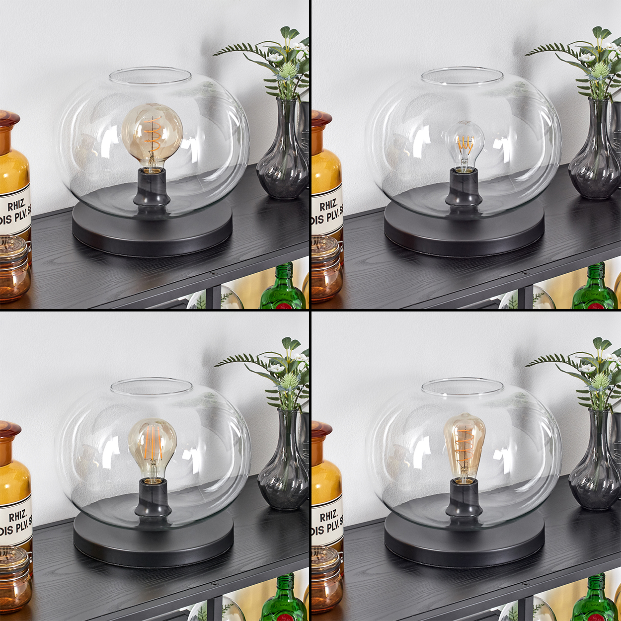 Eine dekorative Lampe mit einer Glühbirne in einer Glaskugel steht auf einem schwarzen Regal. Vasen und Flaschen sind ebenfalls vorhanden.