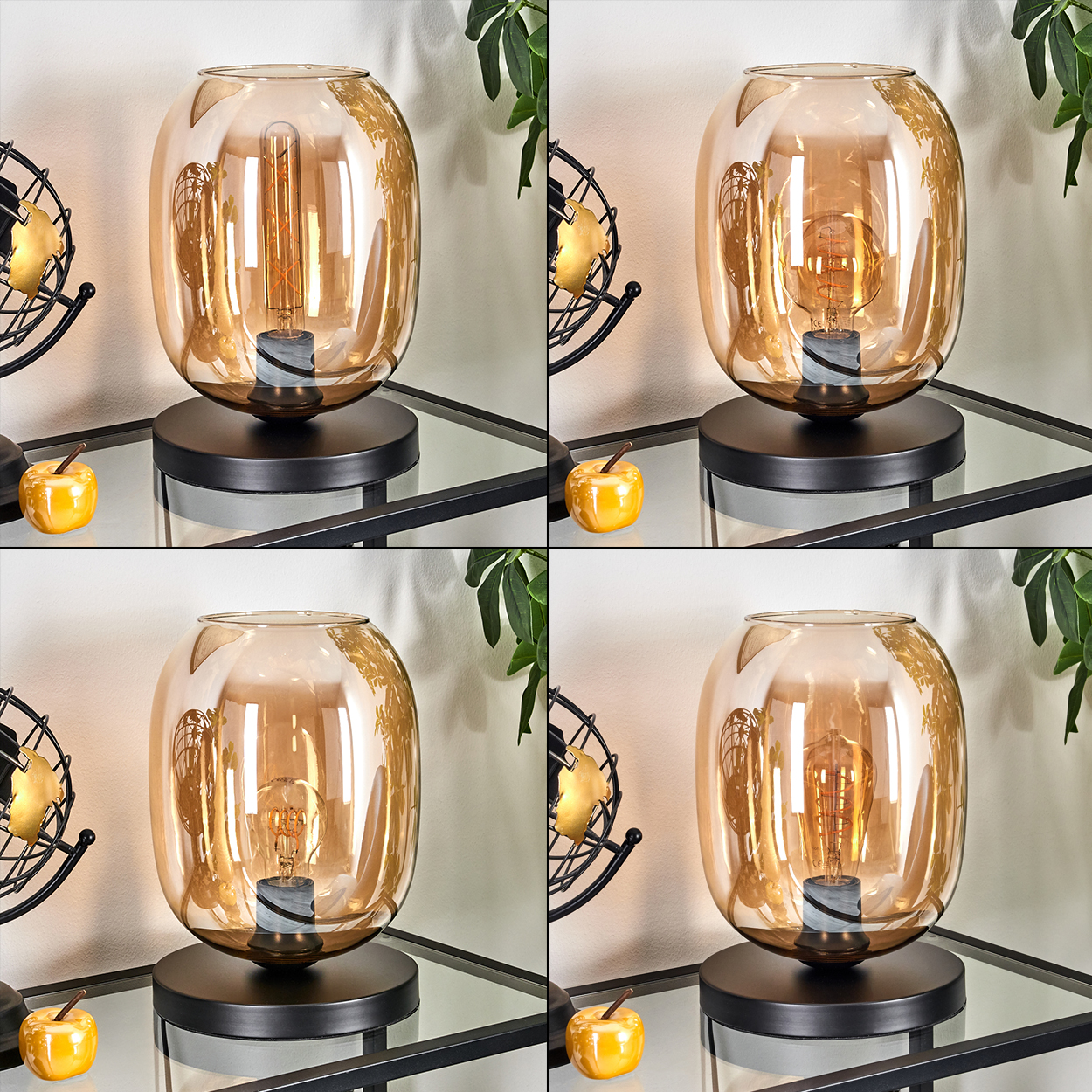 Vier Bilder einer Tischlampe mit Glasschirm, sichtbarer Glühbirne und schwarzem Fuß. Gelbe Äpfel und dekorative Ventilatoren sind vorhanden.