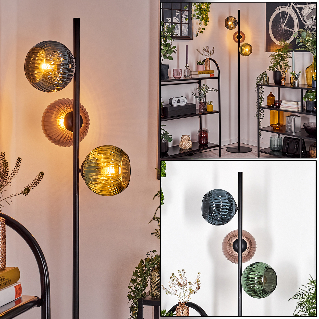 Eine Stehlampe mit drei Glaskugeln in verschiedenen Farben. Der Hintergrund zeigt Regale mit Pflanzen und anderen Dekorationen.