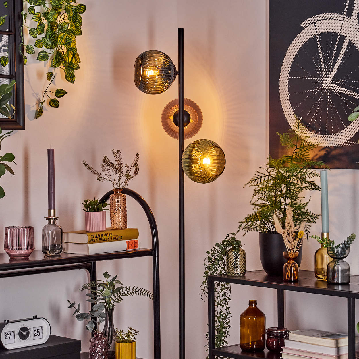 Ein Raum mit einer Stehlampe mit zwei Glaskugeln, Regalen mit Pflanzen, Büchern und Kerzen. Ein Fahrradrad-Kunstwerk hängt an der Wand.