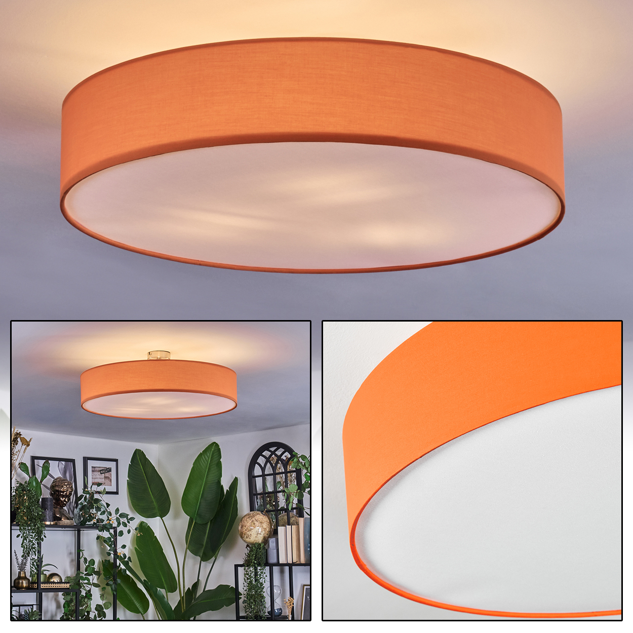 Eine orangefarbene, kreisförmige Deckenlampe ist zentriert, mit einem weißen Innenraum. Unten ist ein Raum mit Pflanzen und einem Regal zu sehen.