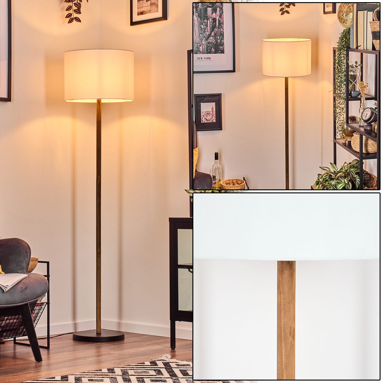 Eine Stehlampe mit weißem Lampenschirm steht in einem Raum. Bilder und Regale sind im Hintergrund, ein Stuhl und ein Teppich im Vordergrund.