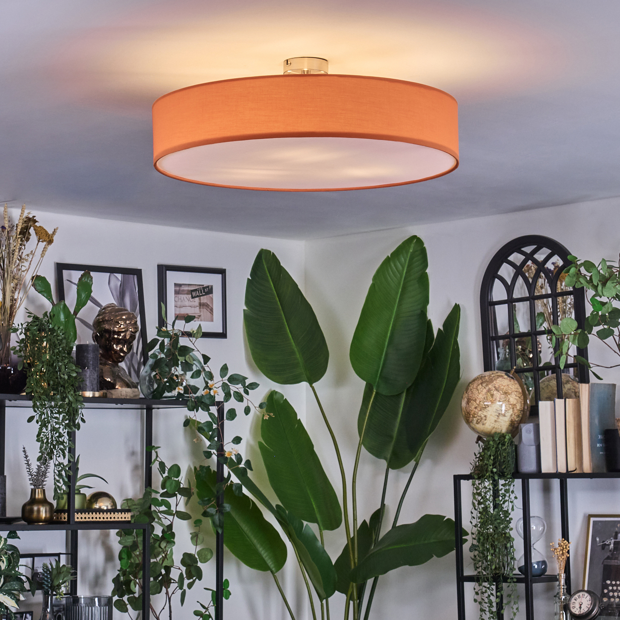 Eine orangefarbene Deckenlampe beleuchtet einen Raum mit Pflanzen, Regalen, Bildern und einem dekorativen Globus.